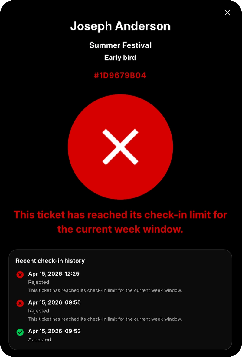 Rejected check-in app screen